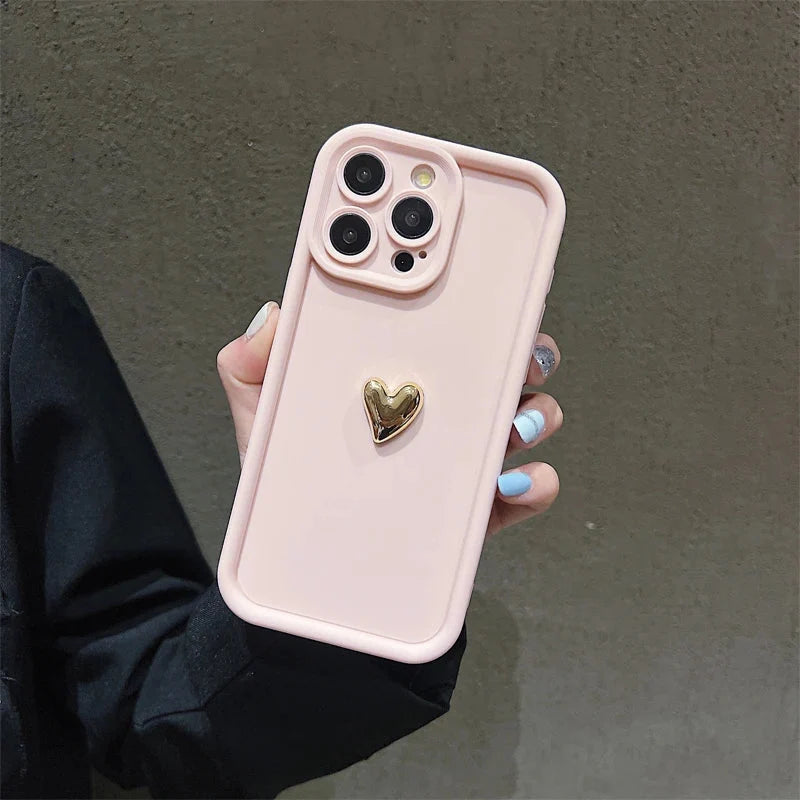 3D Gold Heart Silicone Soft Phone Case For iPhone 15 14 13 12 11 16 17 Pro Max XS XR 7 8 Plus SE Shockproof Candy Matte Cover
