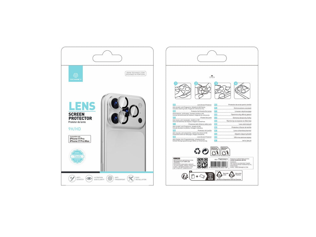 Techancy Protetor de Lente para iPhone 17 Pro e 17 Pro Max TO6004 9H Ultra Fino Alta Definicao Anti Risco Anti Impressao Digital Transparente